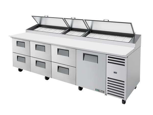True Refrigeration TPP-AT-119D-6-HC Pizza Prep Table Refrigerator | 15x 1/3 Top Pans | 6 Drawers + 1 Solid Swing Door | 1124 Litres