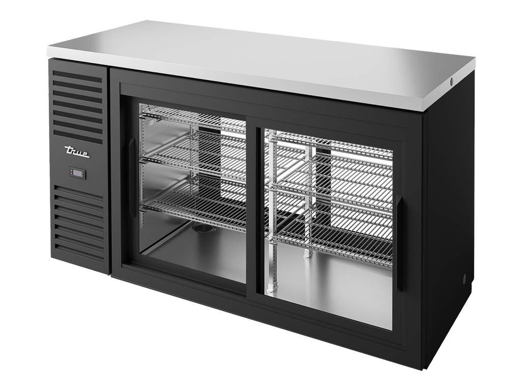 True Refrigeration TBR60-PTSZ1-L-B-11-11-2 Pass-Thru Bar Refrigerator | 2 Glass Slide Doors Front | 2 Glass Slide Door Rear | Black | 550 Litres
