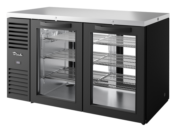 True Refrigeration TBR60-PTSZ1-L-B-GG-GG-2 Pass-Thru Bar Refrigerator | 2 Glass Swing Doors Front | 2 Glass Swing Door Rear | Black | 550 Litres