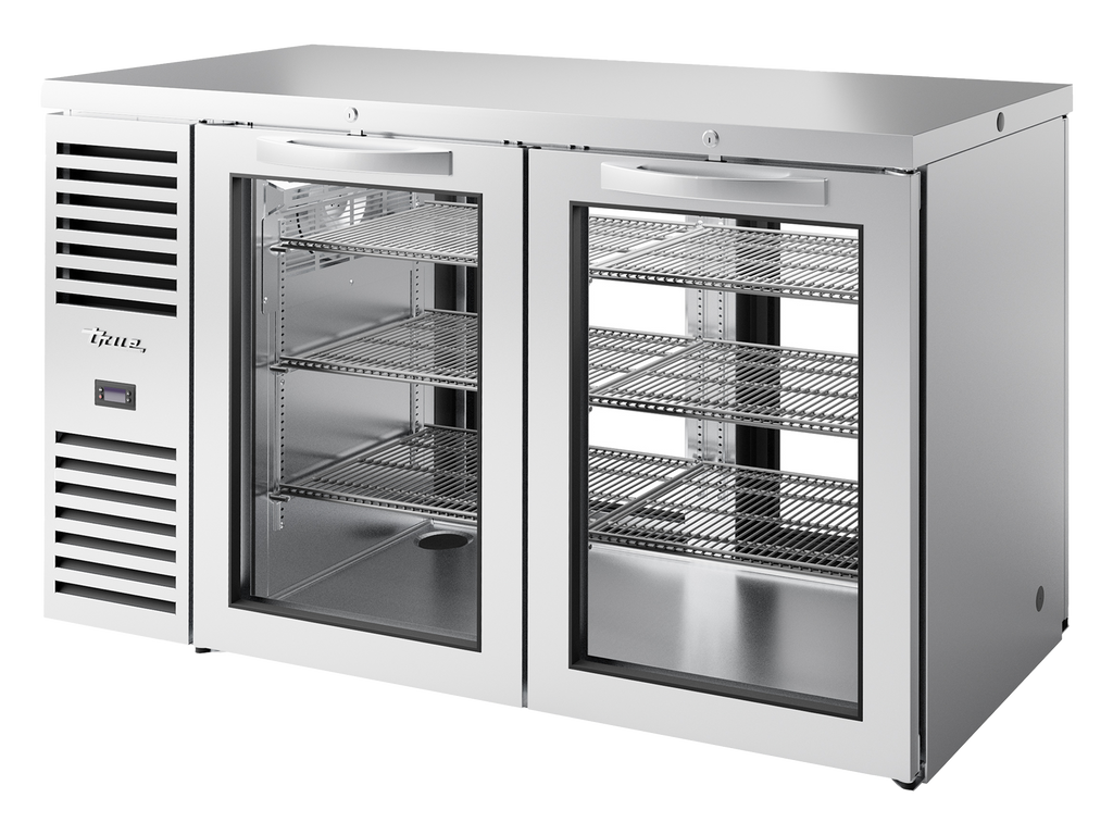 True Refrigeration TBR60-PTSZ1-L-S-GG-GG-2 Pass-Thru Bar Refrigerator | 2 Glass Swing Doors Front | 2 Glass Swing Door Rear | Stainless Steel | 550 Litres