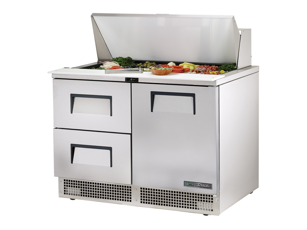 True Refrigeration TFP-48-18M-D-2-HC Prep Table Refrigerators | 18x 1/6 Top Pans | 2 Drawers + 1 Solid Swing Door | 501 Litres
